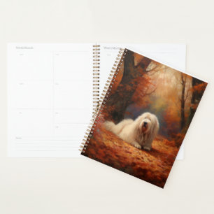 Oud Engels herdershond in herfstbladeren Herfst In Planner