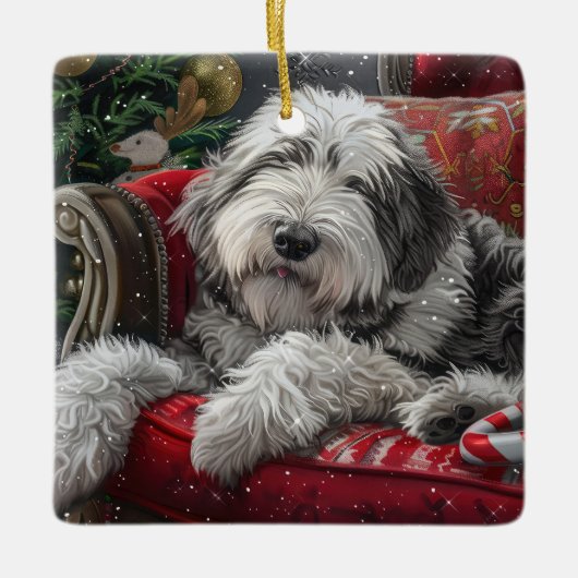 Oud Engels herdershond Kerstfeest Keramisch Ornament (Voorkant)