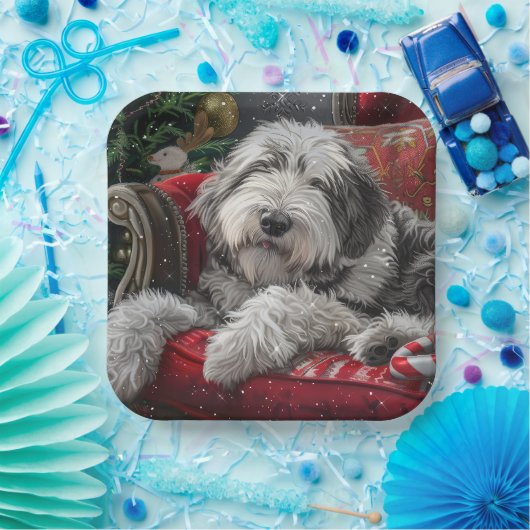 Oud Engels herdershond Kerstfeest Papieren Bordje (Feest)