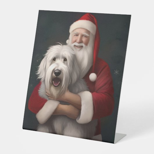 Oud Engels herdershond met sinterklaas feestelijk Reclamebord Met Voetstuk (Voorkant)