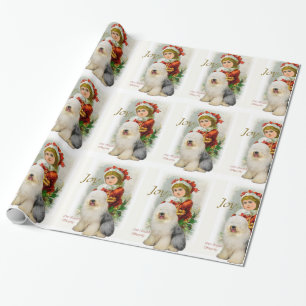 Oud Engels kerstfeest met Sheepdog Vintage Cadeaupapier