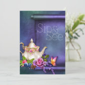 Oud Engels Roos Tea Party Sip & See Baby shower Kaart (Staand voorkant)