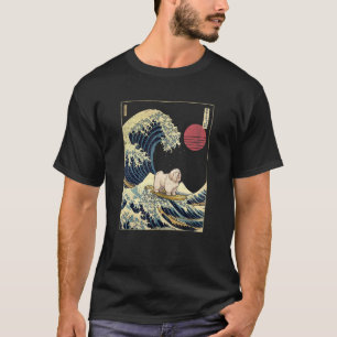 Oud Engels Schaap Japans Kanagawa Wave Surf Dog T-shirt