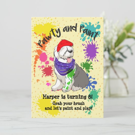 Oud Engels Sheep Dog Art Birthday Party Invite Kaart (Staand voorkant)