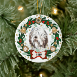 Oud Engels Sheep Dog Kerstmis Dog Cookie Wreate Keramisch Ornament
