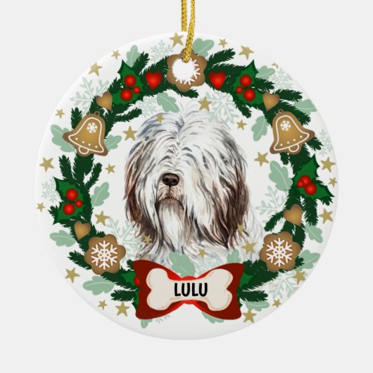 Oud Engels Sheep Dog Kerstmis Dog Cookie Wreate Keramisch Ornament (Voorkant)
