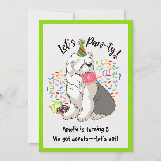 Oud Engels Sheepdog Birthday Party Invitation Kaart (Voorkant)
