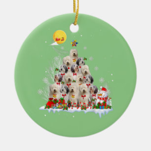 Oud Engels Sheepdog Dog Reindeer Pine Kerstmis Keramisch Ornament