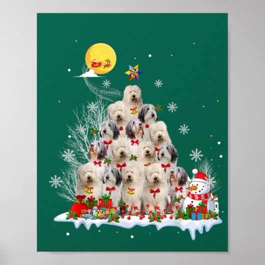 Oud Engels Sheepdog Dog Reindeer Pine Kerstmis Poster (Voorkant)