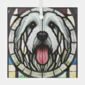 Oud Engels Sheepdog "Glas in lood" Glas Ornament (Voorkant)