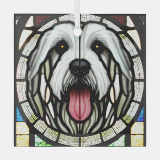 Oud Engels Sheepdog "Glas in lood" Glas Ornament (Voorkant)
