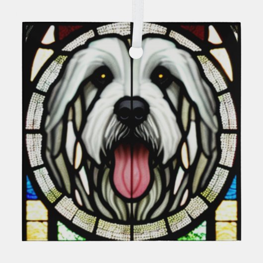 Oud Engels Sheepdog "Glas in lood" Glas Ornament (Achterkant)