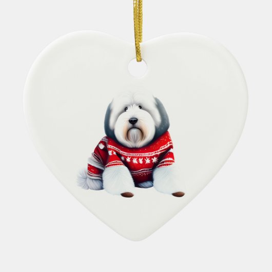 Oud Engels Sheepdog in Kersttrui Keramisch Ornament (Voorkant)