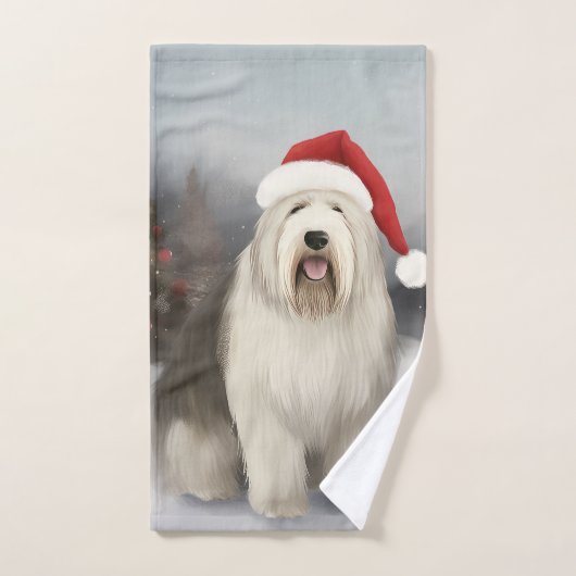 Oud Engels Sheepdog in Sneeuw Kerstmis Bad Handdoek (Handdoek)