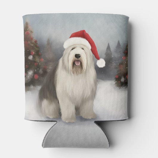 Oud Engels Sheepdog in Sneeuw Kerstmis Blikjeskoeler (Achterkant)