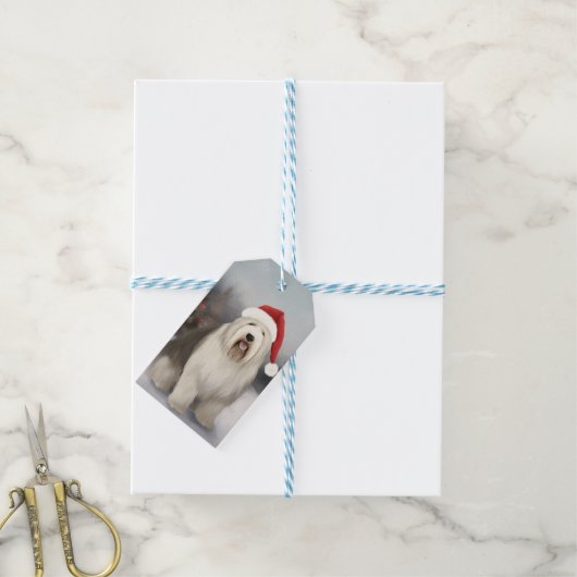 Oud Engels Sheepdog in Sneeuw Kerstmis Cadeaulabel (Met Touw)