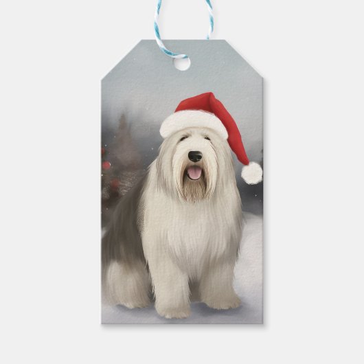 Oud Engels Sheepdog in Sneeuw Kerstmis Cadeaulabel (Voorkant)