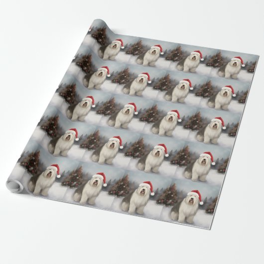 Oud Engels Sheepdog in Sneeuw Kerstmis Cadeaupapier (Uitgerold)