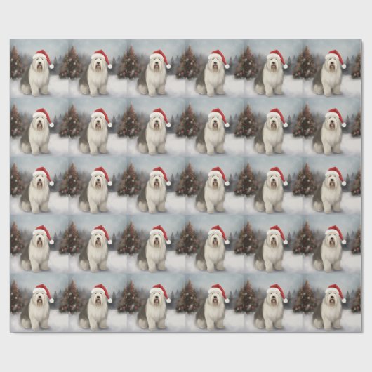 Oud Engels Sheepdog in Sneeuw Kerstmis Cadeaupapier (Vlak)