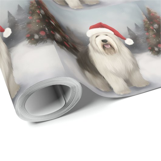 Oud Engels Sheepdog in Sneeuw Kerstmis Cadeaupapier (Rol Hoek)