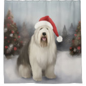 Oud Engels Sheepdog in Sneeuw Kerstmis Douchegordijn (Voorkant)