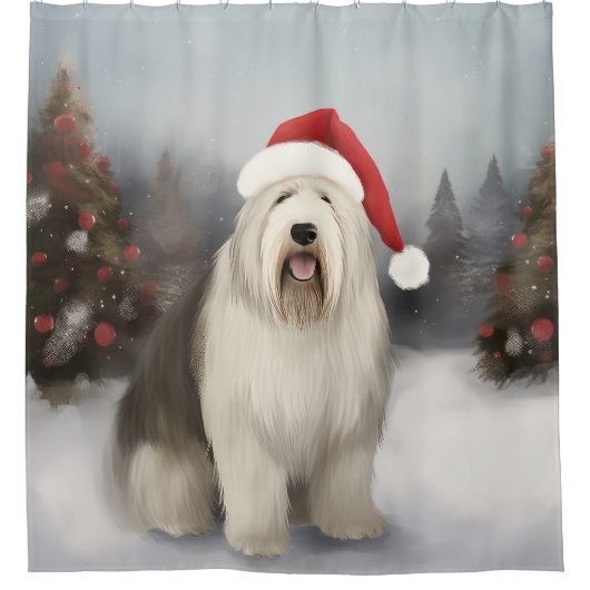 Oud Engels Sheepdog in Sneeuw Kerstmis Douchegordijn (Voorkant)