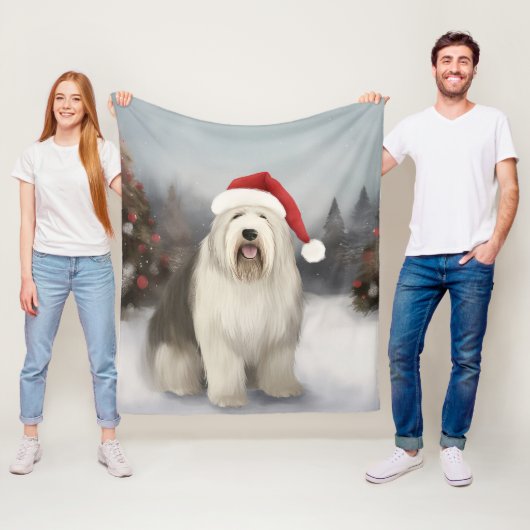 Oud Engels Sheepdog in Sneeuw Kerstmis Fleece Deken (In situ)