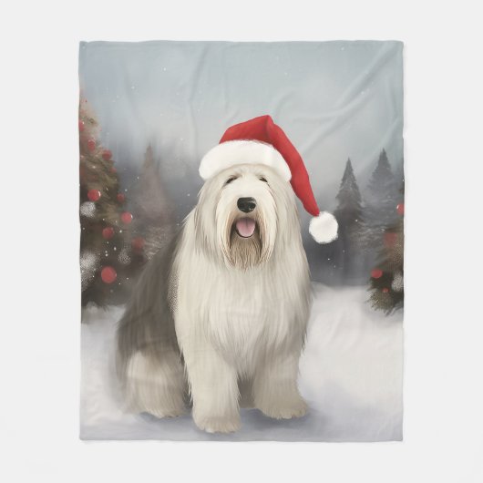 Oud Engels Sheepdog in Sneeuw Kerstmis Fleece Deken (Voorkant)