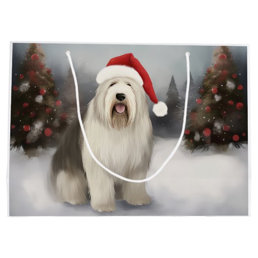 Oud Engels Sheepdog in Sneeuw Kerstmis Groot Cadeauzakje (Achterkant)