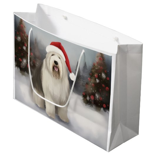 Oud Engels Sheepdog in Sneeuw Kerstmis Groot Cadeauzakje (Voorkant Gekanteld)