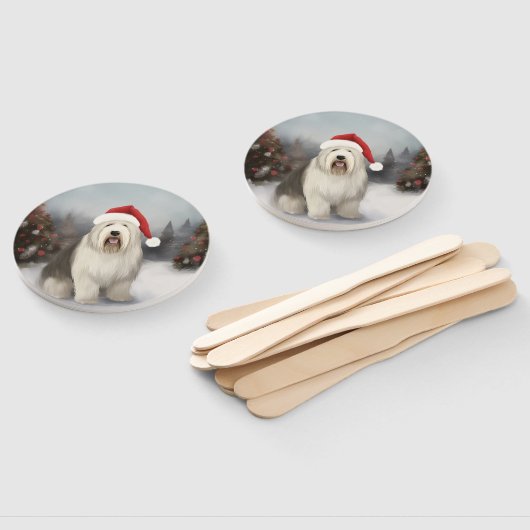 Oud Engels Sheepdog in Sneeuw Kerstmis Handwaaier (Niet-gemonteerd)