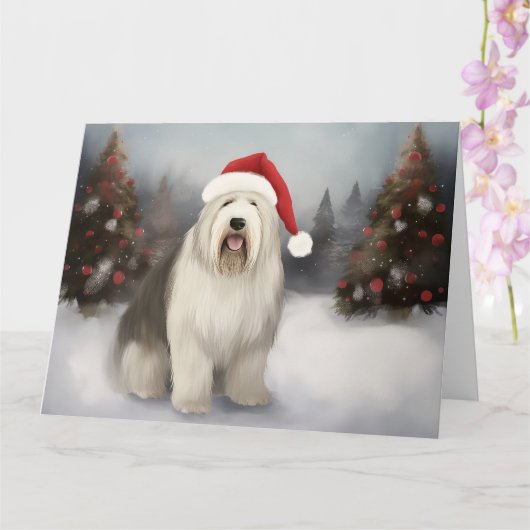 Oud Engels Sheepdog in Sneeuw Kerstmis Kaart (Orchidee)