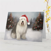 Oud Engels Sheepdog in Sneeuw Kerstmis Kaart (Gele Bloem)