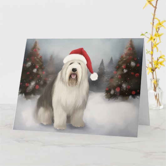 Oud Engels Sheepdog in Sneeuw Kerstmis Kaart (Gele Bloem)