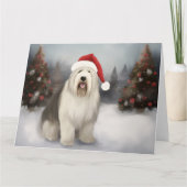 Oud Engels Sheepdog in Sneeuw Kerstmis Kaart (Voorkant)