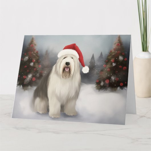 Oud Engels Sheepdog in Sneeuw Kerstmis Kaart (Voorkant)