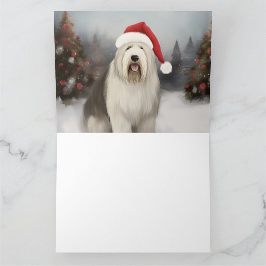 Oud Engels Sheepdog in Sneeuw Kerstmis Kaart (Binnen)