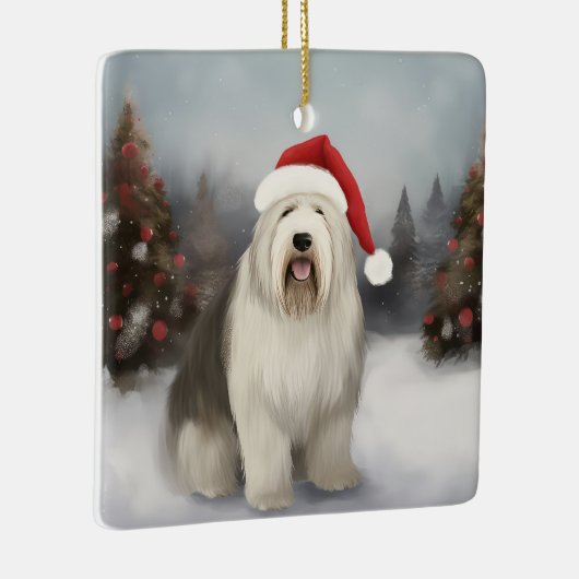Oud Engels Sheepdog in Sneeuw Kerstmis Keramisch Ornament (Rechts)