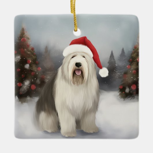 Oud Engels Sheepdog in Sneeuw Kerstmis Keramisch Ornament (Voorkant)