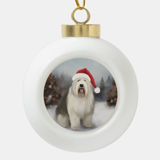 Oud Engels Sheepdog in Sneeuw Kerstmis Keramische Bal Ornament (Voorkant)