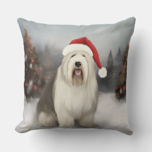 Oud Engels Sheepdog in Sneeuw Kerstmis Kussen