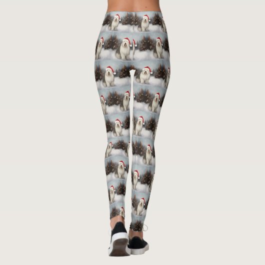Oud Engels Sheepdog in Sneeuw Kerstmis Leggings (Achterkant)