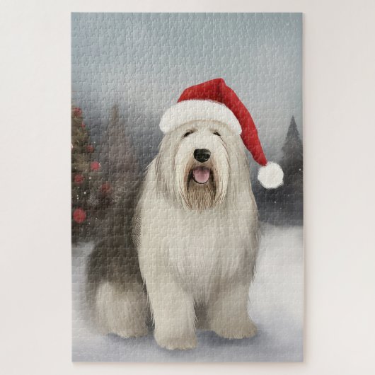 Oud Engels Sheepdog in Sneeuw Kerstmis Legpuzzel (Verticaal)