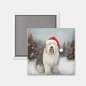 Oud Engels Sheepdog in Sneeuw Kerstmis Magneet (Voorkant / Achterkant)