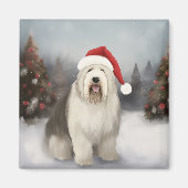 Oud Engels Sheepdog in Sneeuw Kerstmis Magneet (Voorkant)