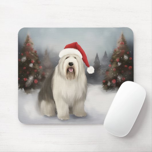 Oud Engels Sheepdog in Sneeuw Kerstmis Muismat (Met muis)