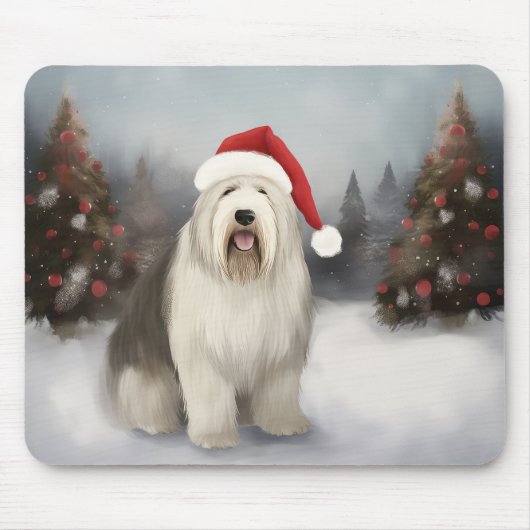 Oud Engels Sheepdog in Sneeuw Kerstmis Muismat (Voorkant)