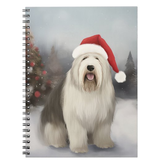 Oud Engels Sheepdog in Sneeuw Kerstmis Notitieboek (Voorkant)