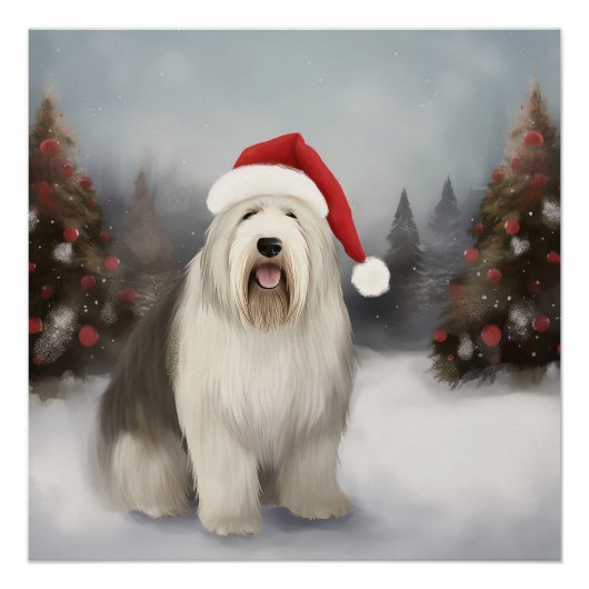 Oud Engels Sheepdog in Sneeuw Kerstmis Perfect Poster (Voorkant)