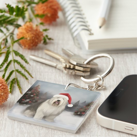 Oud Engels Sheepdog in Sneeuw Kerstmis Sleutelhanger (Voorkant Rechts)